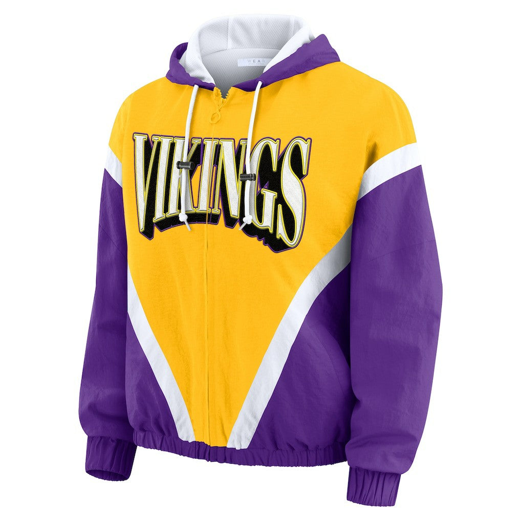 Minnesota Vikings WEAR by Erin Andrews Women's Plus Size Retro Crinkle Full-Zip Hoodie Windbreaker Jacket Gold/Purple