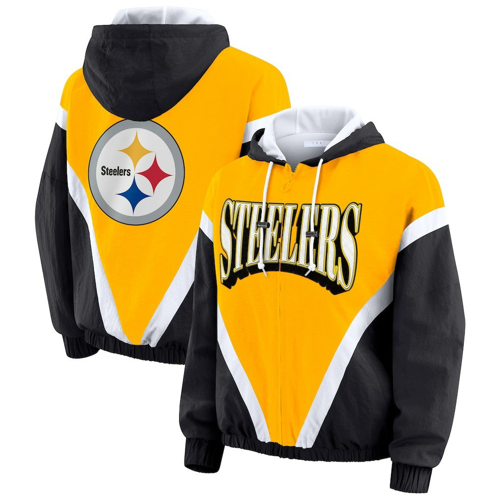 Pittsburgh Steelers WEAR by Erin Andrews Women's Plus Size Retro Crinkle Full-Zip Hoodie Windbreaker Jacket Gold/Black