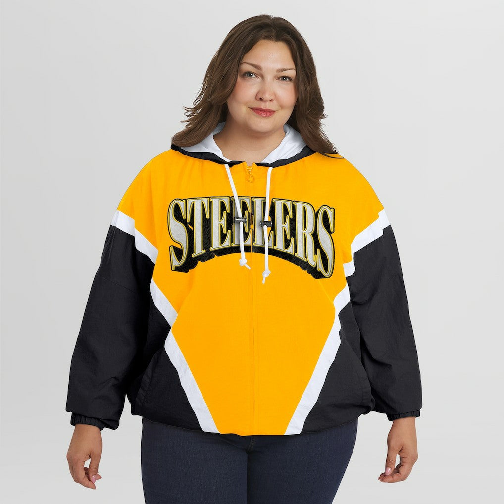 Pittsburgh Steelers WEAR by Erin Andrews Women's Plus Size Retro Crinkle Full-Zip Hoodie Windbreaker Jacket Gold/Black