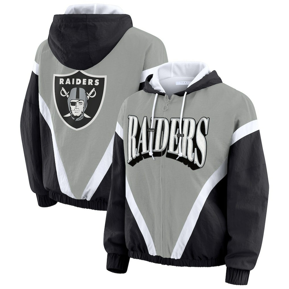 Las Vegas Raiders WEAR by Erin Andrews Women's Plus Size Retro Crinkle Full-Zip Hoodie Windbreaker Jacket Black/Gray