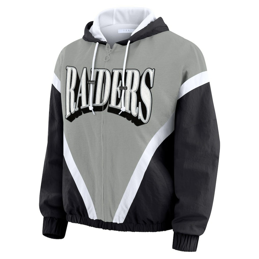 Las Vegas Raiders WEAR by Erin Andrews Women's Plus Size Retro Crinkle Full-Zip Hoodie Windbreaker Jacket Black/Gray