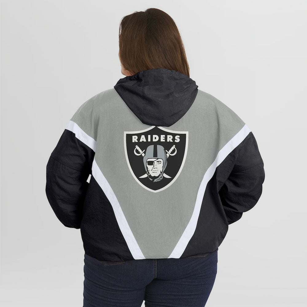 Las Vegas Raiders WEAR by Erin Andrews Women's Plus Size Retro Crinkle Full-Zip Hoodie Windbreaker Jacket Black/Gray