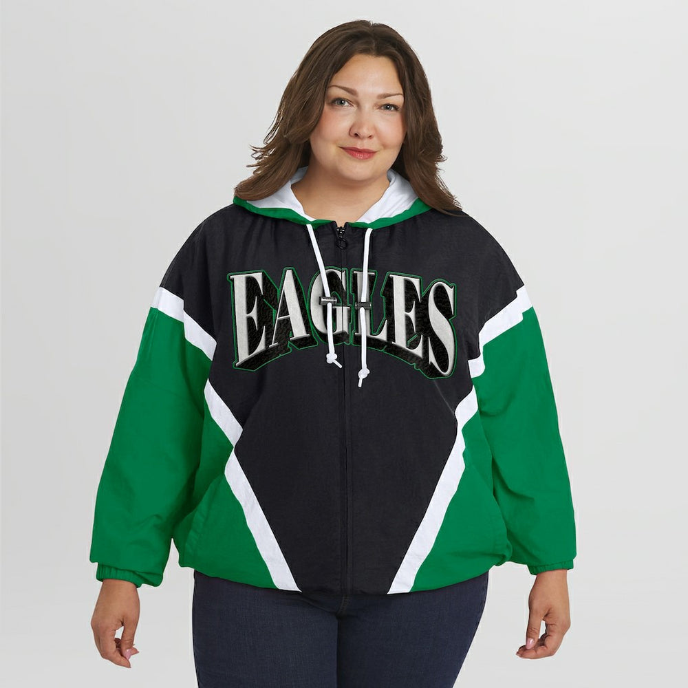 Philadelphia Eagles WEAR by Erin Andrews Women's Plus Size Retro Crinkle Full-Zip Hoodie Windbreaker Jacket Kelly Green/Black