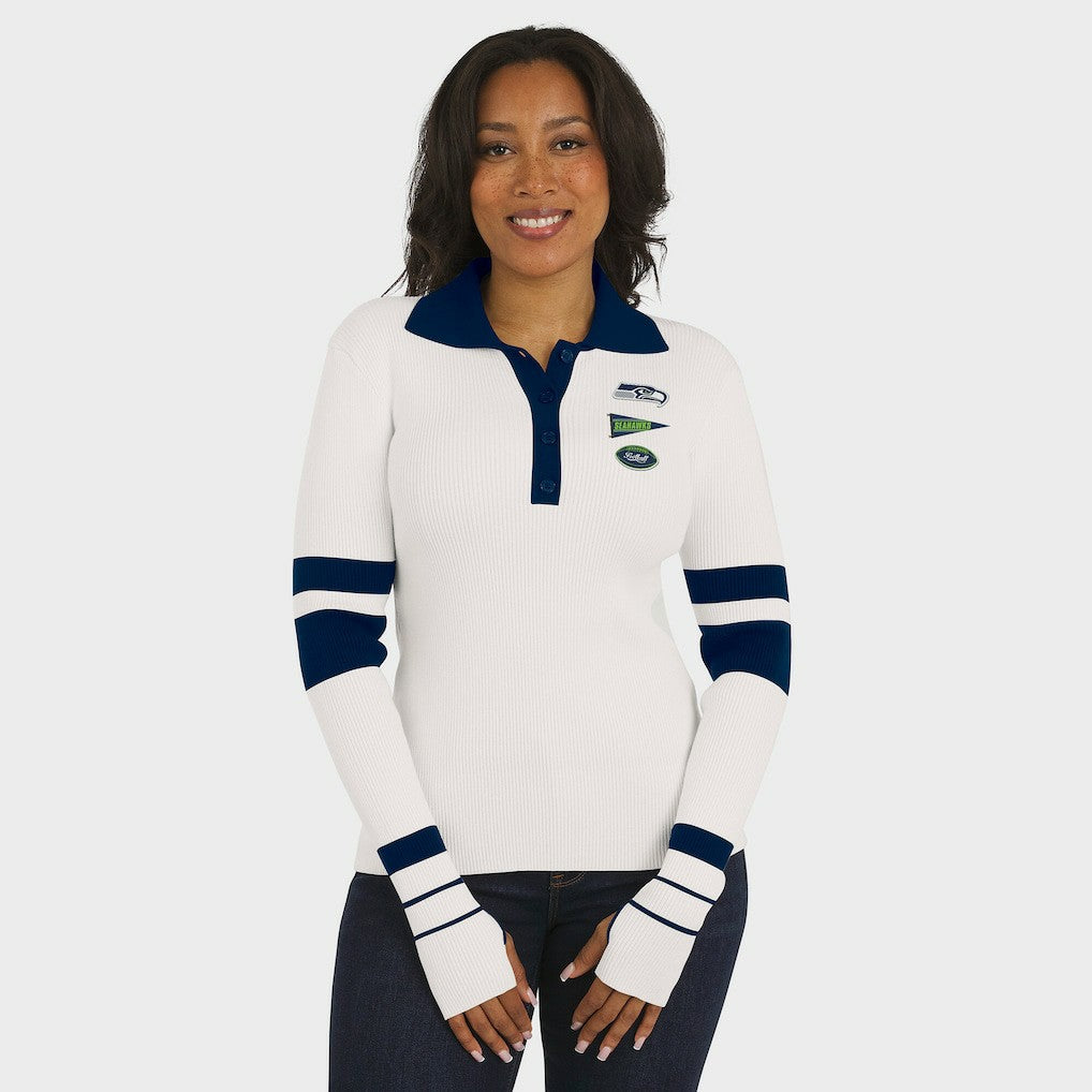 Seattle Seahawks WEAR by Erin Andrews Women's Ribbed Henley Polo Sweater White