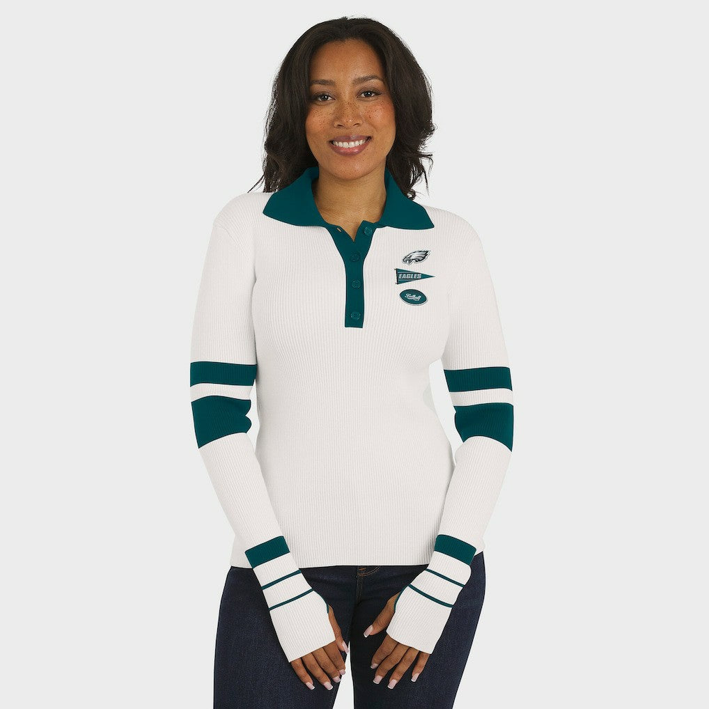 Philadelphia Eagles WEAR by Erin Andrews Women's Ribbed Henley Polo Sweater White