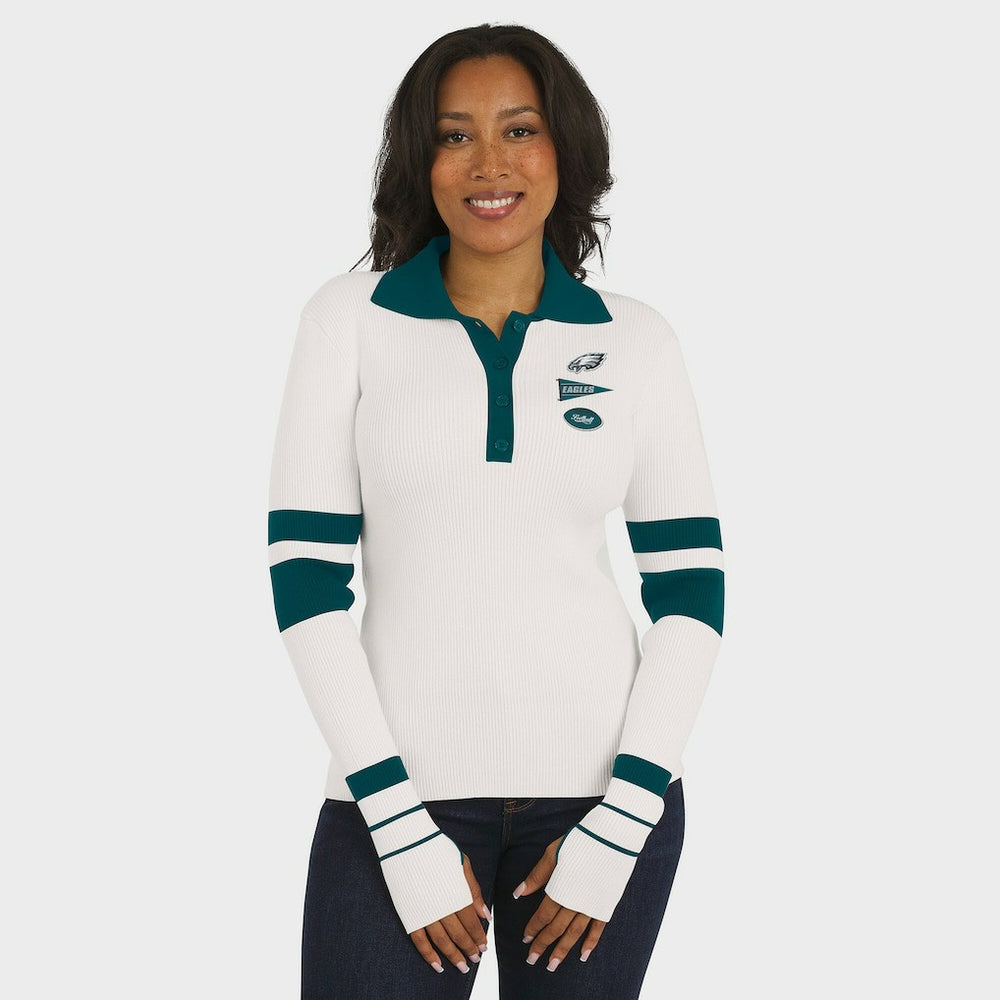 Philadelphia Eagles WEAR by Erin Andrews Women's Ribbed Henley Polo Sweater White