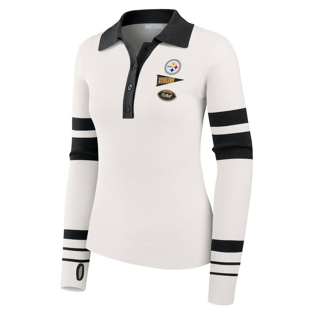 Pittsburgh Steelers WEAR by Erin Andrews Women's Ribbed Henley Polo Sweater White
