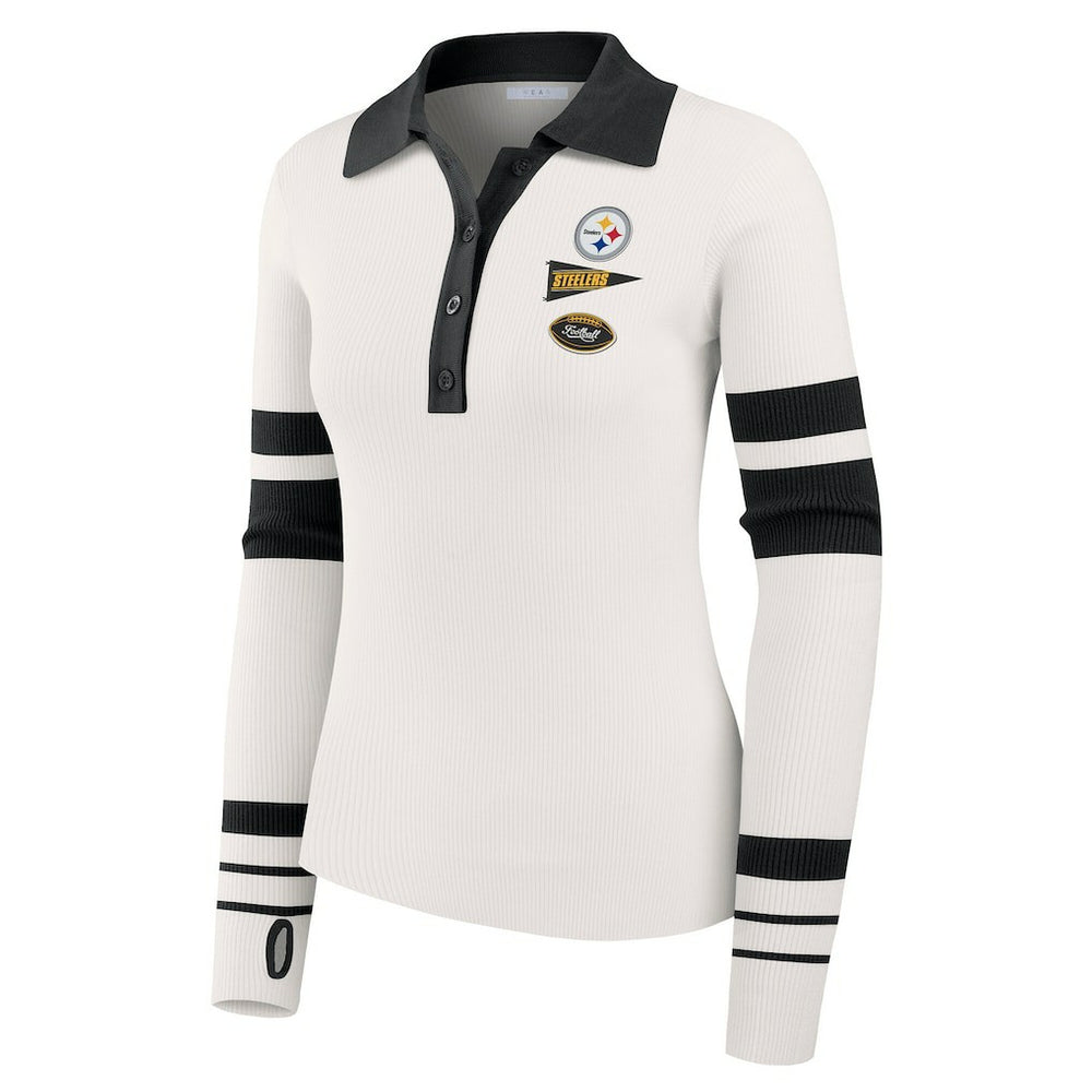 Pittsburgh Steelers WEAR by Erin Andrews Women's Ribbed Henley Polo Sweater White