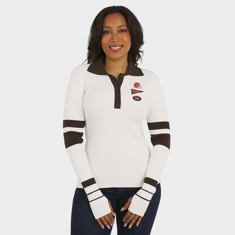Cleveland Browns WEAR by Erin Andrews Women's Ribbed Henley Polo Sweater White