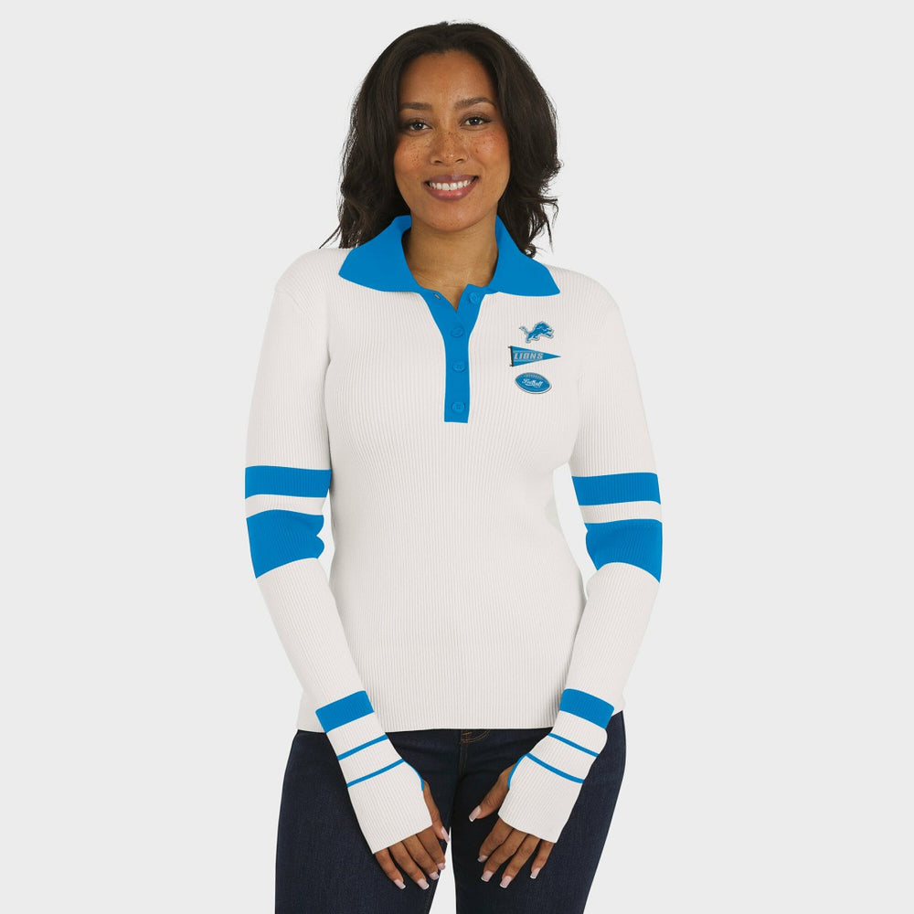 Detroit Lions WEAR by Erin Andrews Women's Ribbed Henley Polo Sweater White