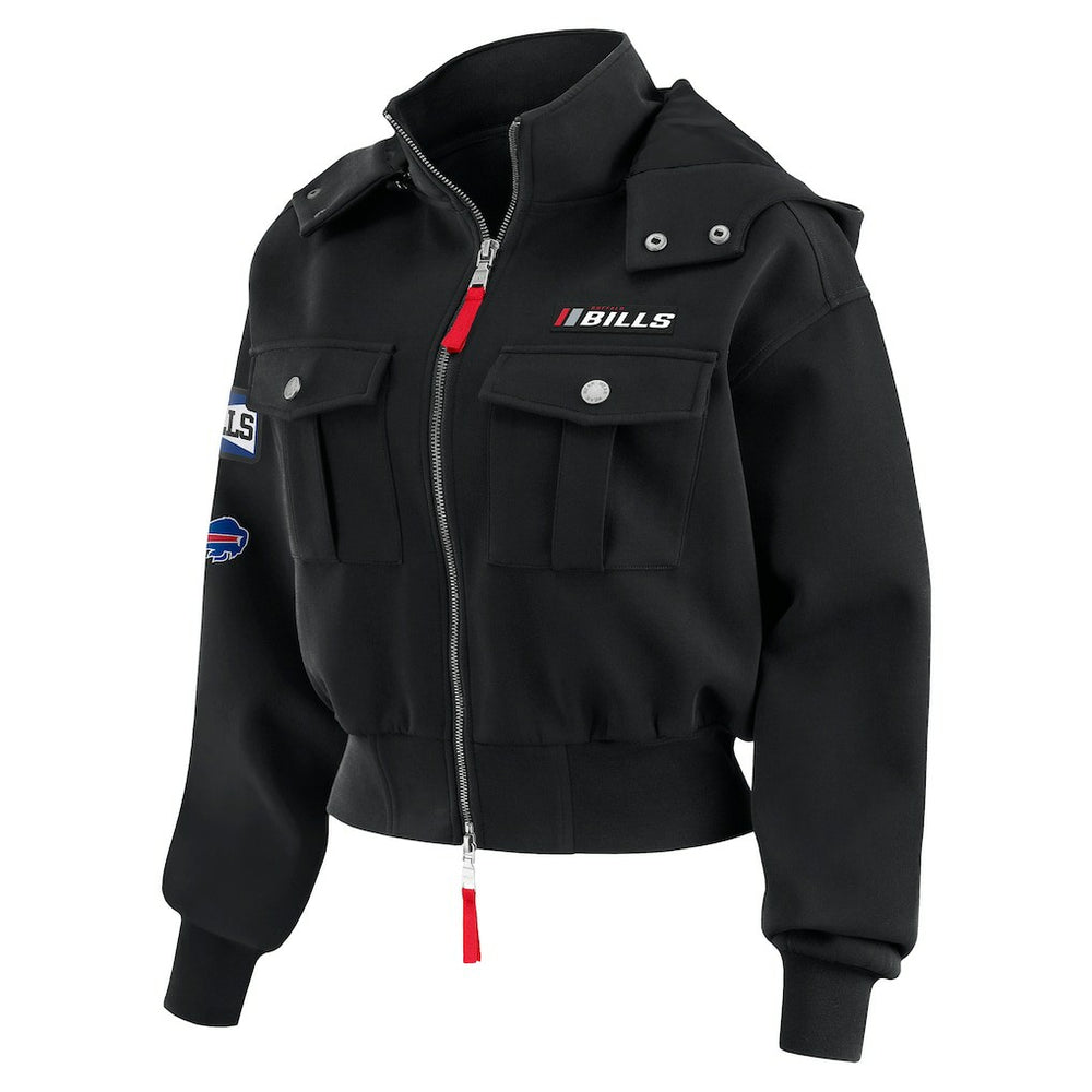 Buffalo Bills WEAR by Erin Andrews Women's Tri-Blend Patch Pocket Cropped Full-Zip Bomber Hoodie Jacket Black