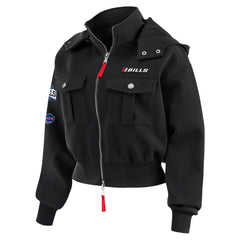 Buffalo Bills WEAR by Erin Andrews Women's Tri-Blend Patch Pocket Cropped Full-Zip Bomber Hoodie Jacket Black