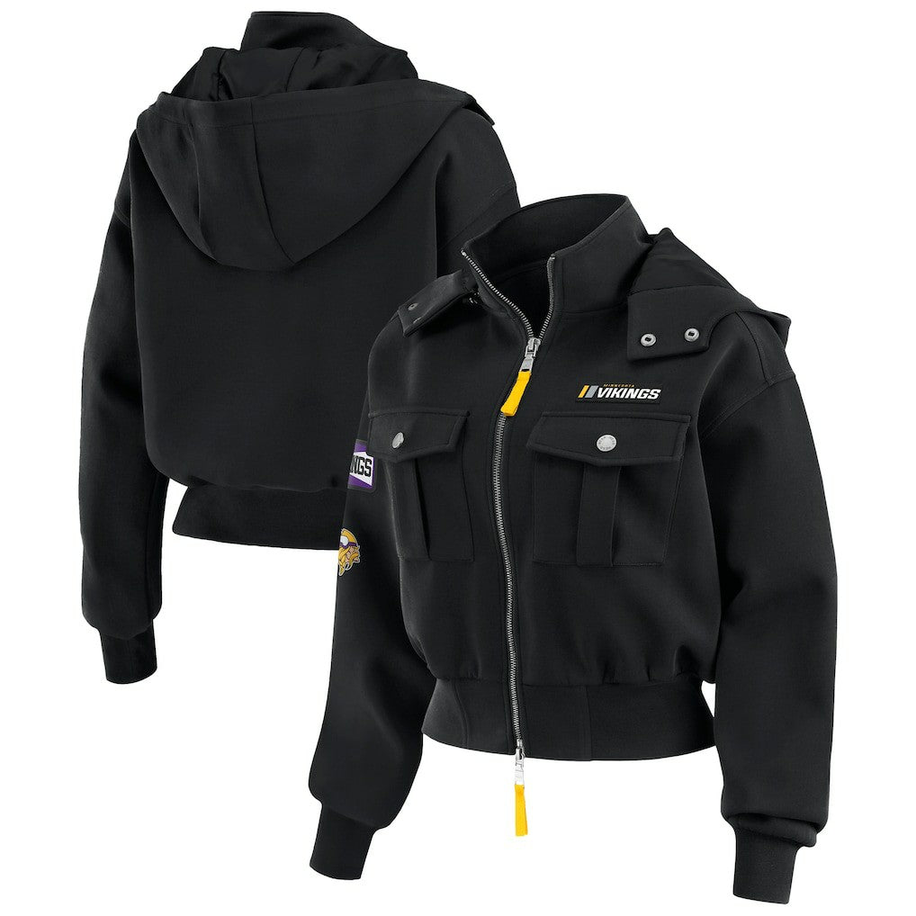 Minnesota Vikings WEAR by Erin Andrews Women's Tri-Blend Patch Pocket Cropped Full-Zip Bomber Hoodie Jacket Black