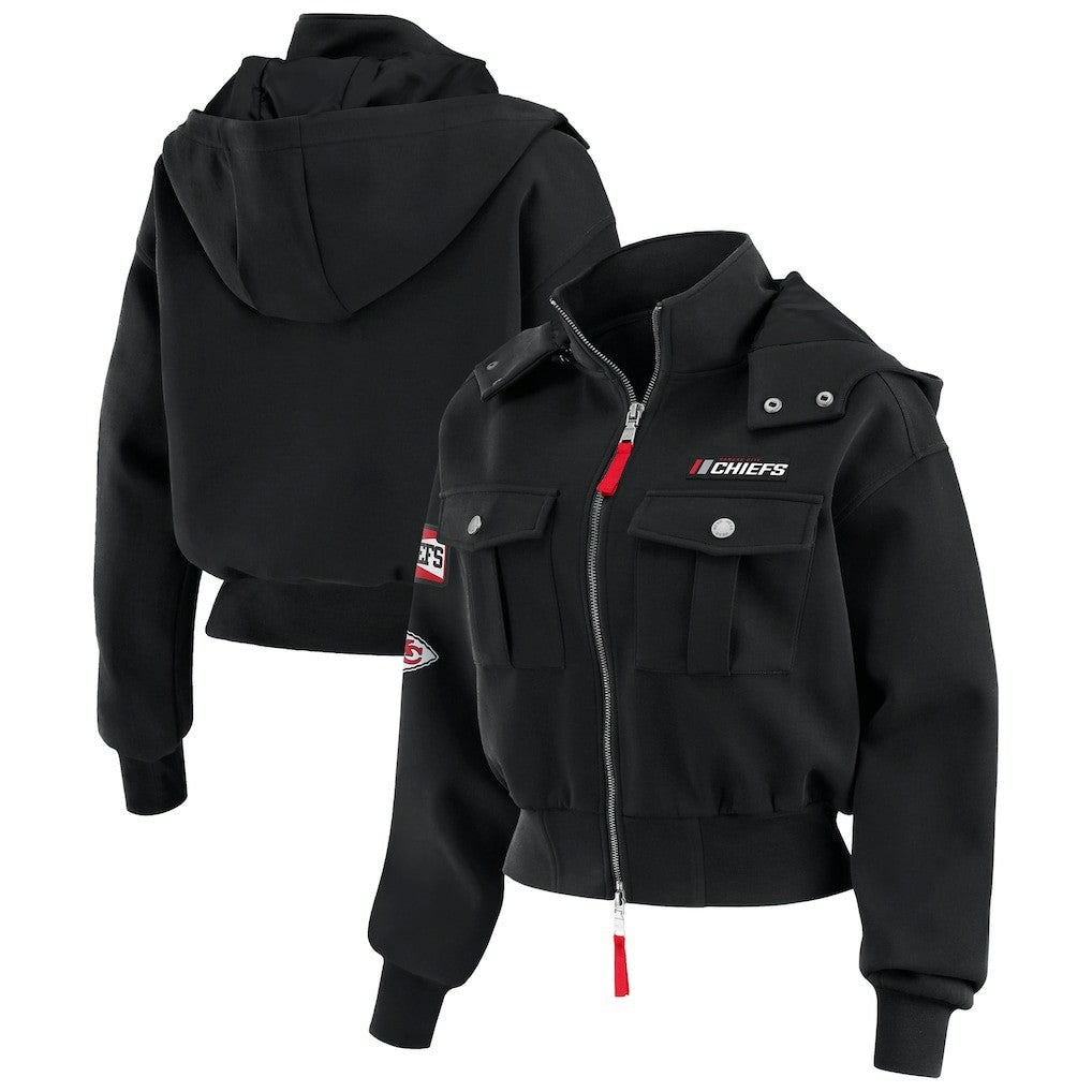 Kansas City Chiefs WEAR by Erin Andrews Women's Tri-Blend Patch Pocket Cropped Full-Zip Bomber Hoodie Jacket Black