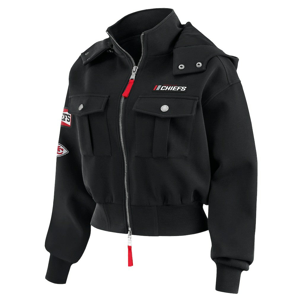 Kansas City Chiefs WEAR by Erin Andrews Women's Tri-Blend Patch Pocket Cropped Full-Zip Bomber Hoodie Jacket Black