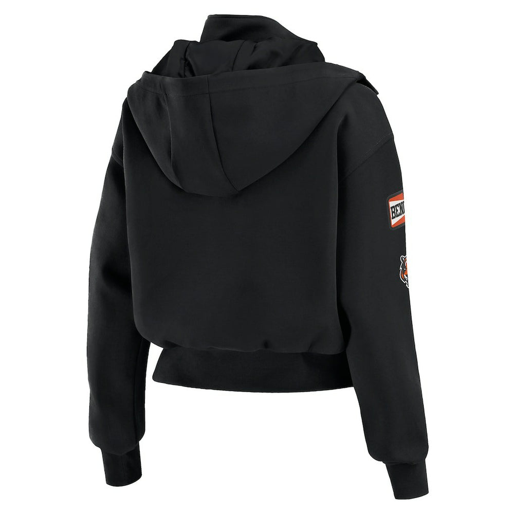 Cincinnati Bengals WEAR by Erin Andrews Women's Tri-Blend Patch Pocket Cropped Full-Zip Bomber Hoodie Jacket Black