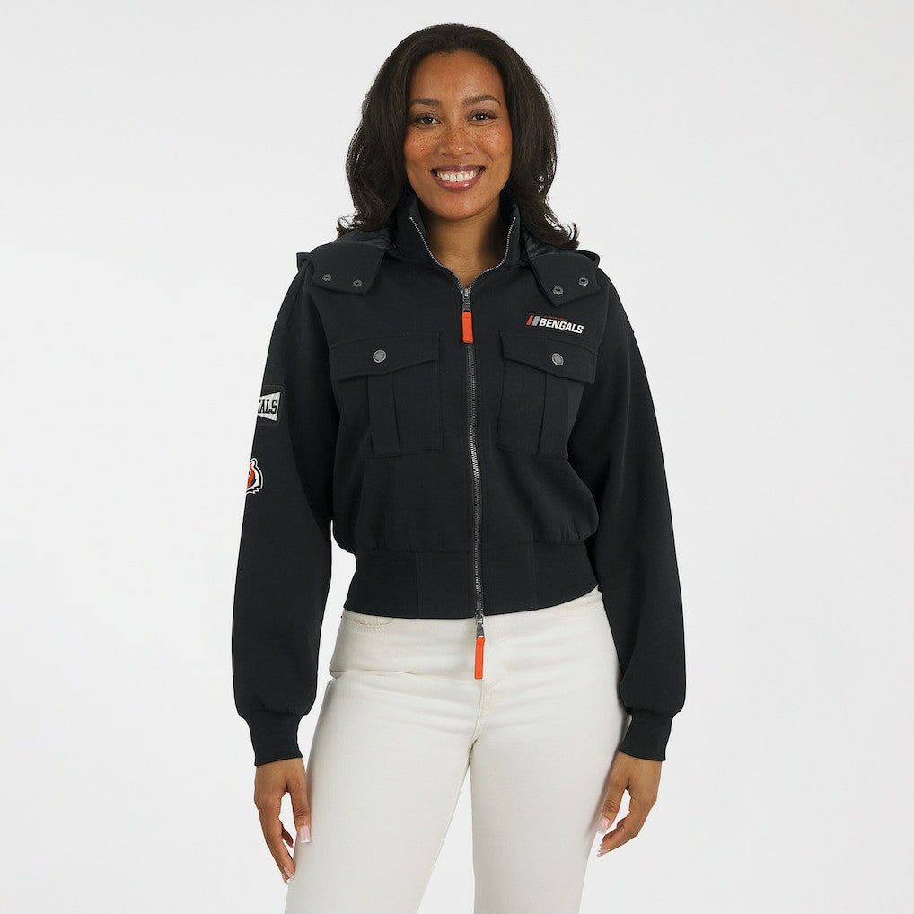 Cincinnati Bengals WEAR by Erin Andrews Women's Tri-Blend Patch Pocket Cropped Full-Zip Bomber Hoodie Jacket Black