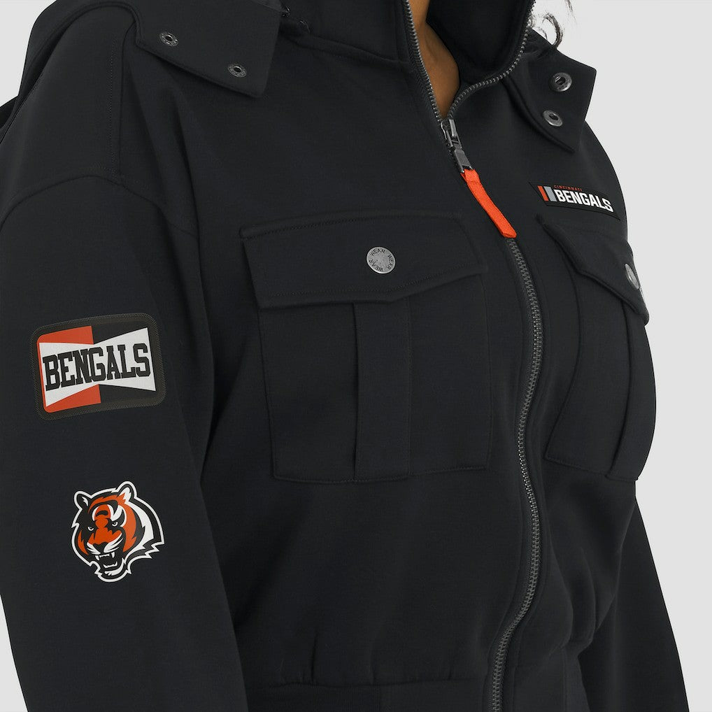 Cincinnati Bengals WEAR by Erin Andrews Women's Tri-Blend Patch Pocket Cropped Full-Zip Bomber Hoodie Jacket Black