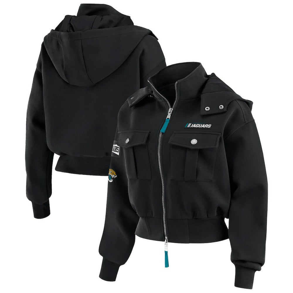Jacksonville Jaguars WEAR by Erin Andrews Women's Tri-Blend Patch Pocket Cropped Full-Zip Bomber Hoodie Jacket Black