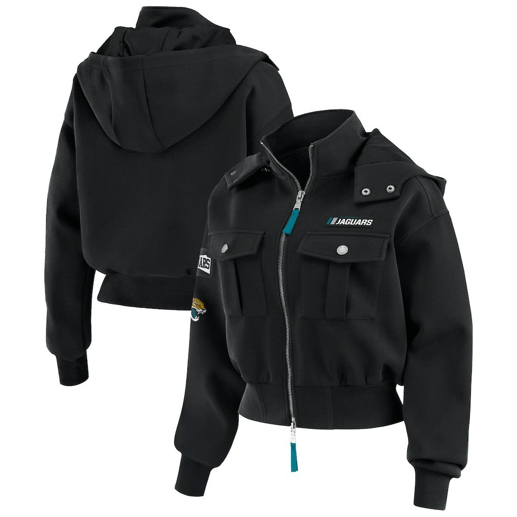 Jacksonville Jaguars WEAR by Erin Andrews Women's Tri-Blend Patch Pocket Cropped Full-Zip Bomber Hoodie Jacket Black