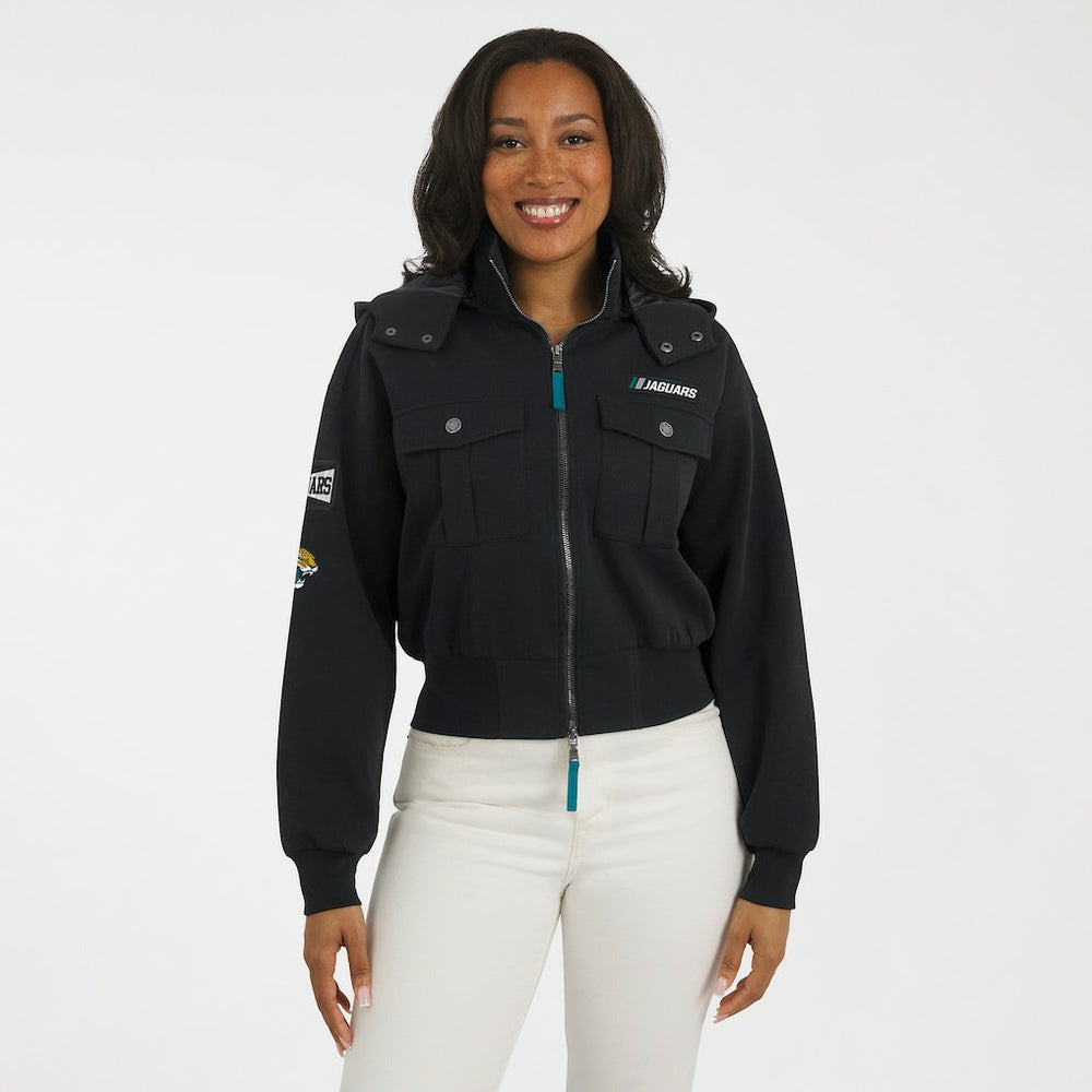 Jacksonville Jaguars WEAR by Erin Andrews Women's Tri-Blend Patch Pocket Cropped Full-Zip Bomber Hoodie Jacket Black