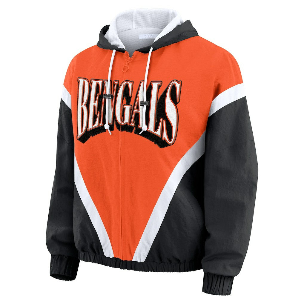 Cincinnati Bengals WEAR by Erin Andrews Women's Retro Crinkle Full-Zip Hoodie Windbreaker Orange/Black