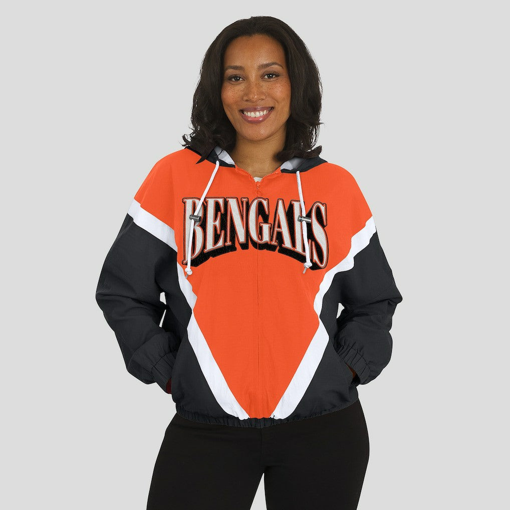Cincinnati Bengals WEAR by Erin Andrews Women's Retro Crinkle Full-Zip Hoodie Windbreaker Orange/Black