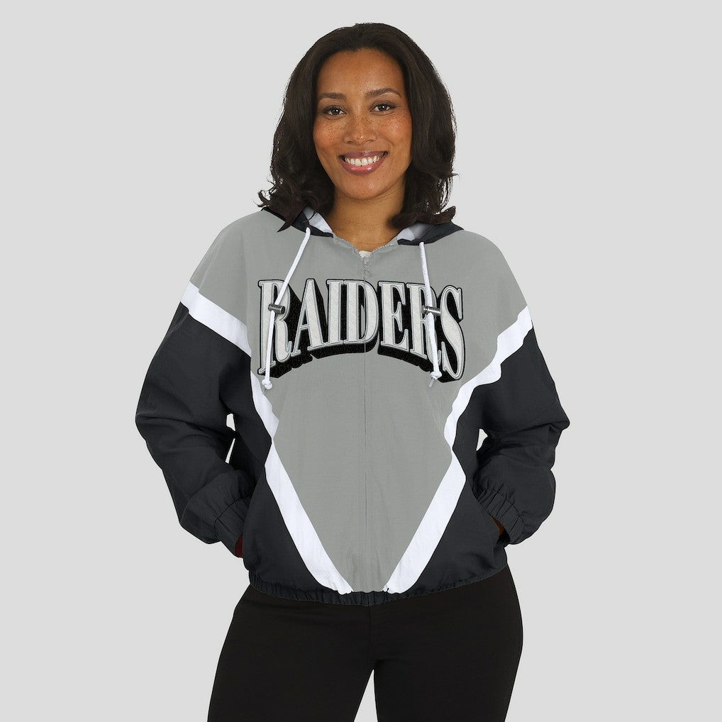 Las Vegas Raiders WEAR by Erin Andrews Women's Retro Crinkle Full-Zip Hoodie Windbreaker Black/Silver