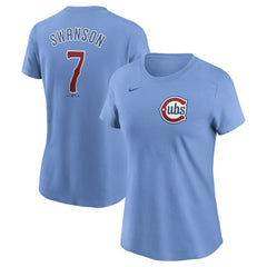 Dansby Swanson Chicago Cubs Nike Women's Cooperstown Collection Fuse Name & Number T-Shirt - Light Blue T-shirts