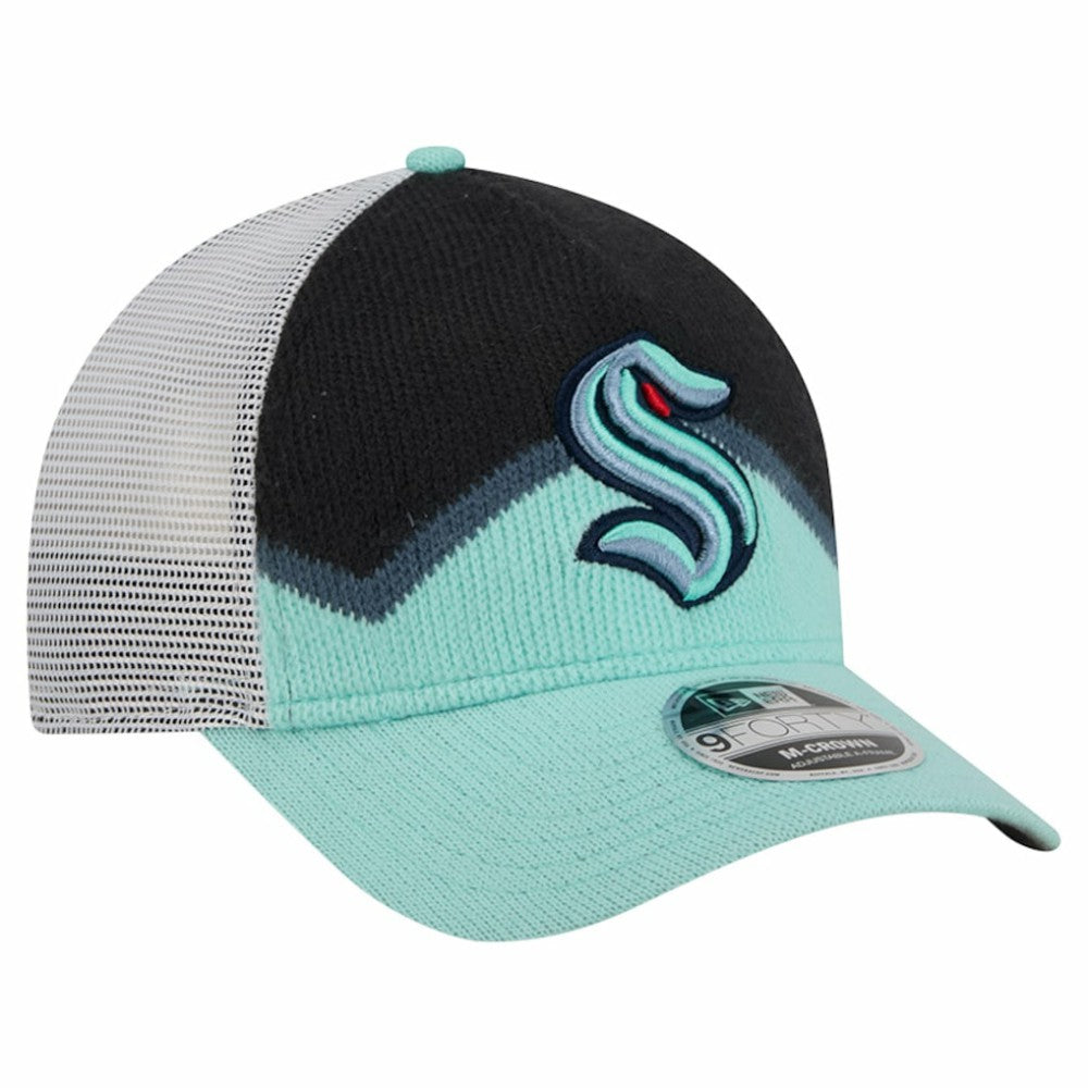 NHL Seattle Kraken New Era Hockey Sock 9FORTY A-Frame M-Crown Adjustable Trucker Hat - Light Blue/Deep Sea Blue