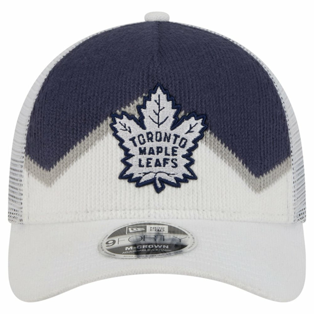 NHL Toronto Maple Leafs New Era Hockey Sock 9FORTY A-Frame M-Crown Adjustable Trucker Hat - White/Blue