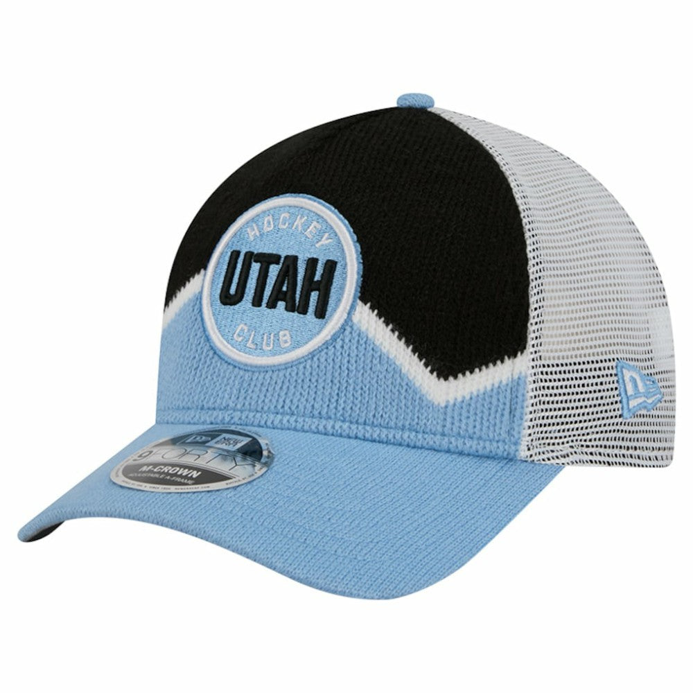 NHL Utah Mammoth New Era Hockey Sock 9FORTY A-Frame M-Crown Adjustable Trucker Hat - Light Blue/Black