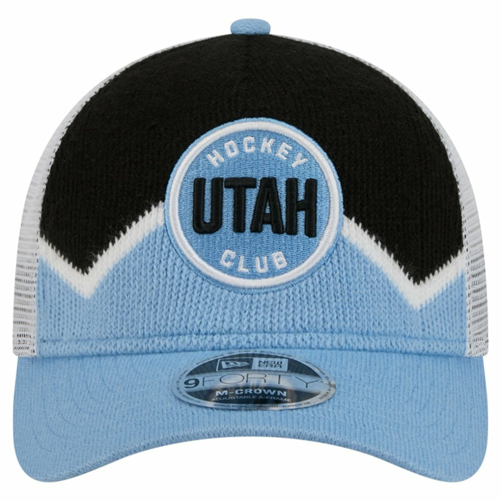 NHL Utah Mammoth New Era Hockey Sock 9FORTY A-Frame M-Crown Adjustable Trucker Hat - Light Blue/Black