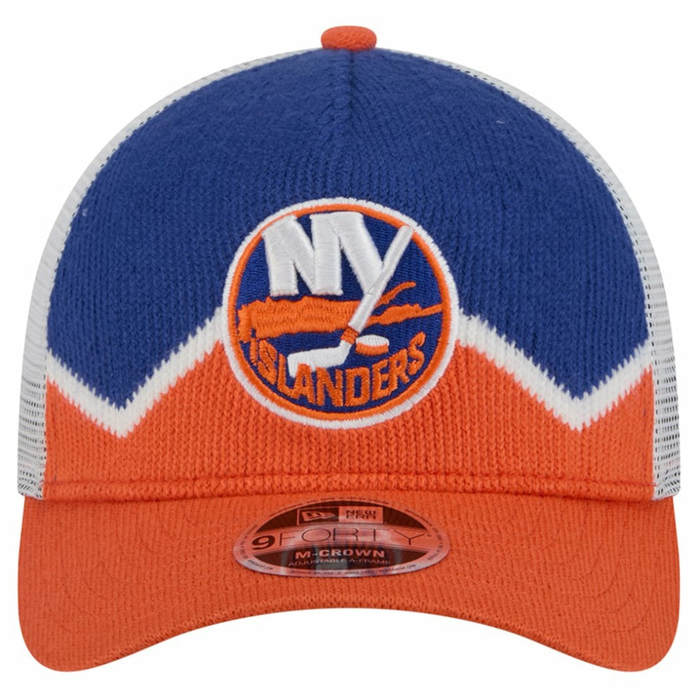 NHL New York Islanders New Era Hockey Sock 9FORTY A-Frame M-Crown Adjustable Trucker Hat - Orange/Royal