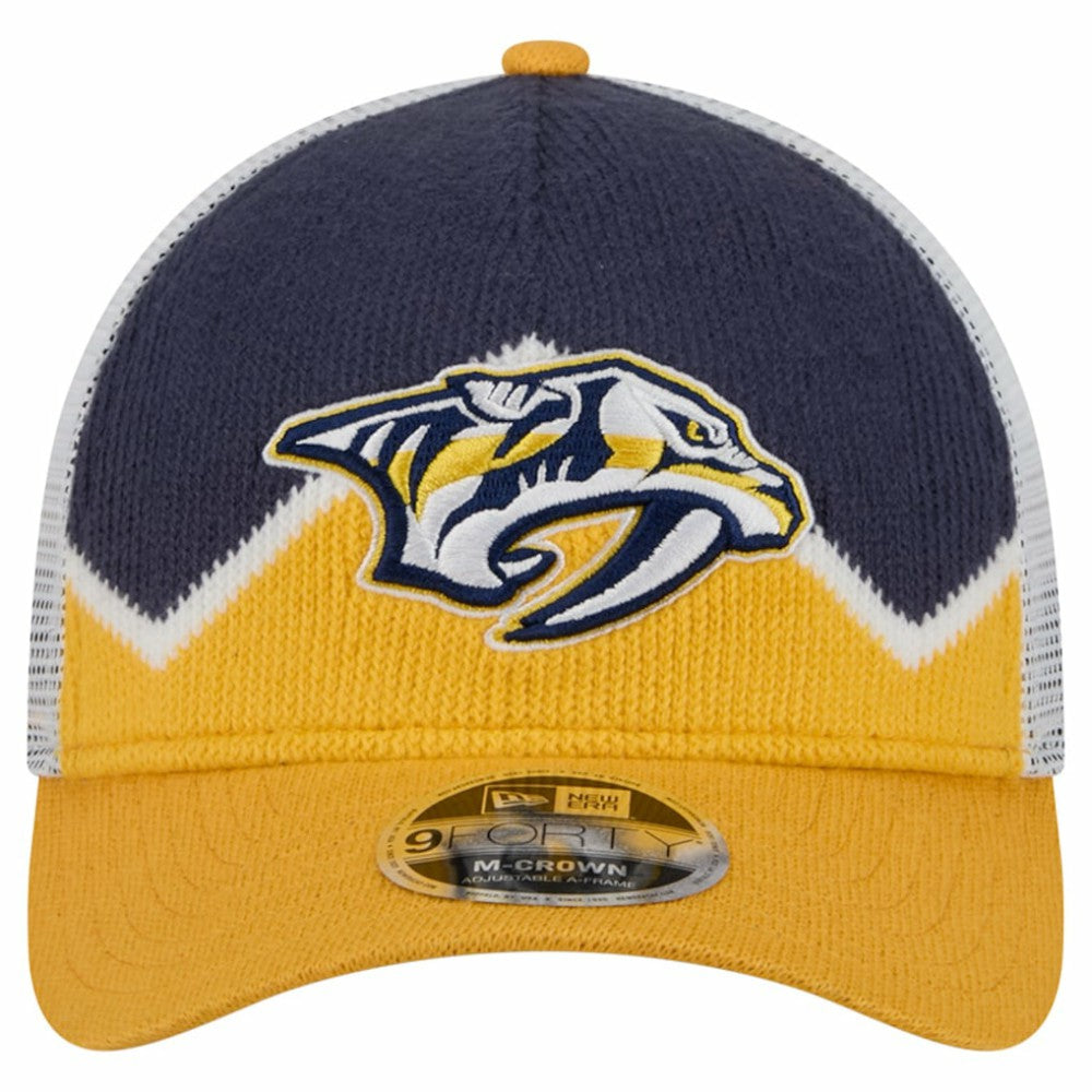 NHL Nashville Predators New Era Hockey Sock 9FORTY A-Frame M-Crown Adjustable Trucker Hat - Gold/Navy