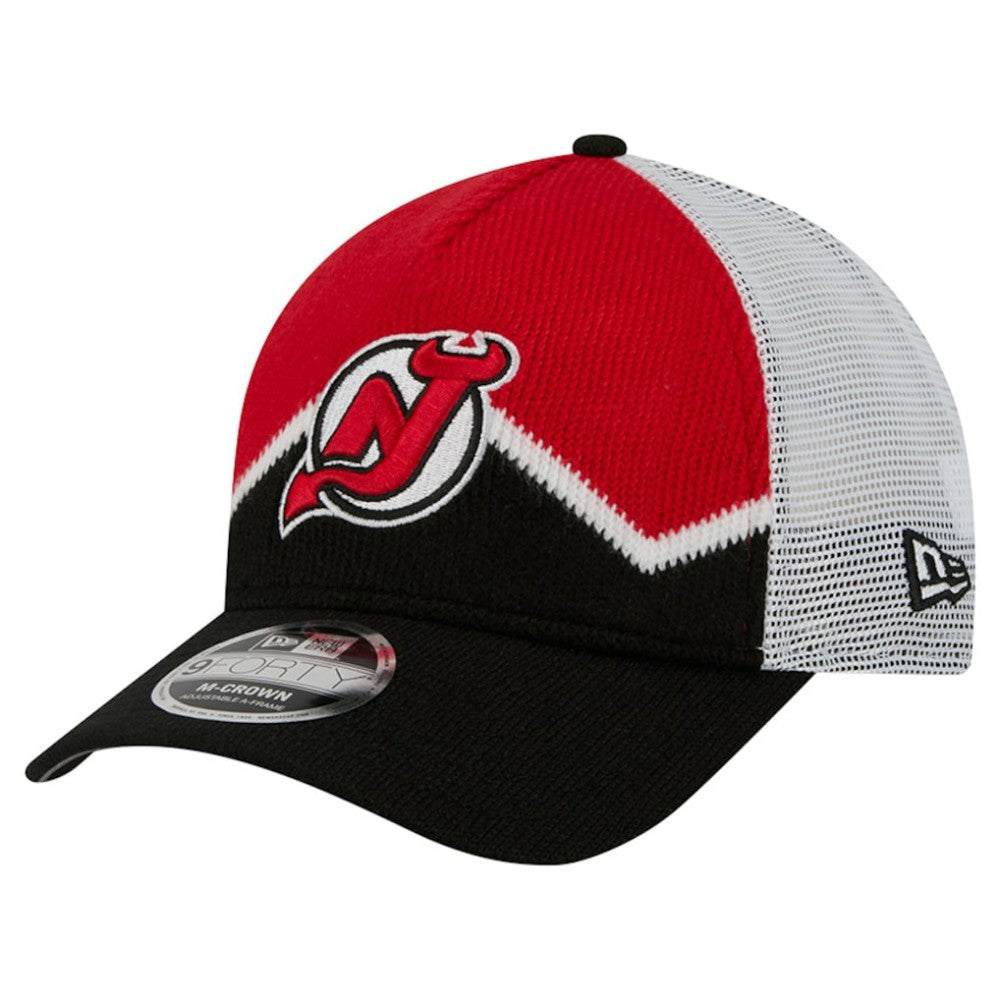 NHL New Jersey Devils New Era Hockey Sock 9FORTY A-Frame M-Crown Adjustable Trucker Hat - Black/Red