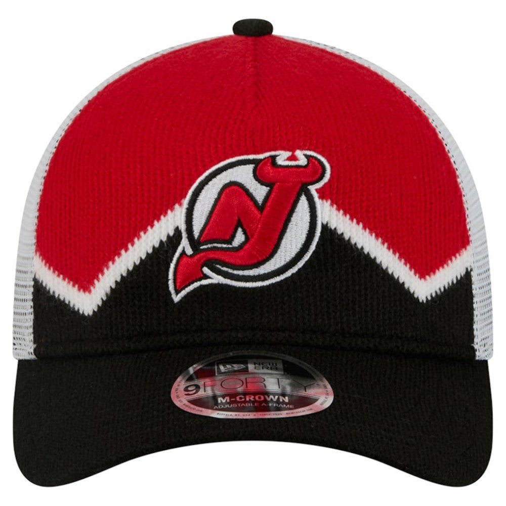 NHL New Jersey Devils New Era Hockey Sock 9FORTY A-Frame M-Crown Adjustable Trucker Hat - Black/Red
