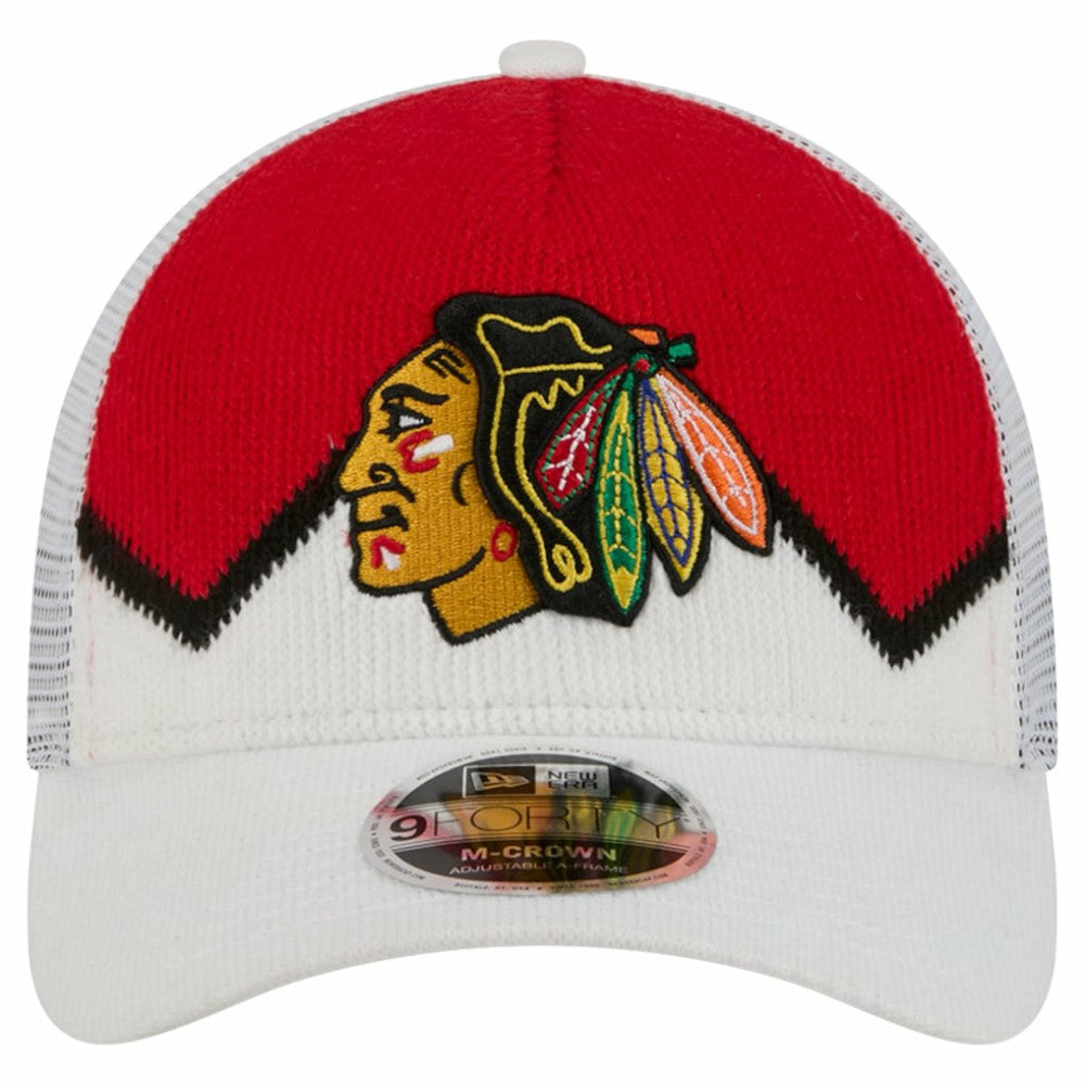 NHL Chicago Blackhawks New Era Hockey Sock 9FORTY A-Frame M-Crown Adjustable Trucker Hat - White/Red