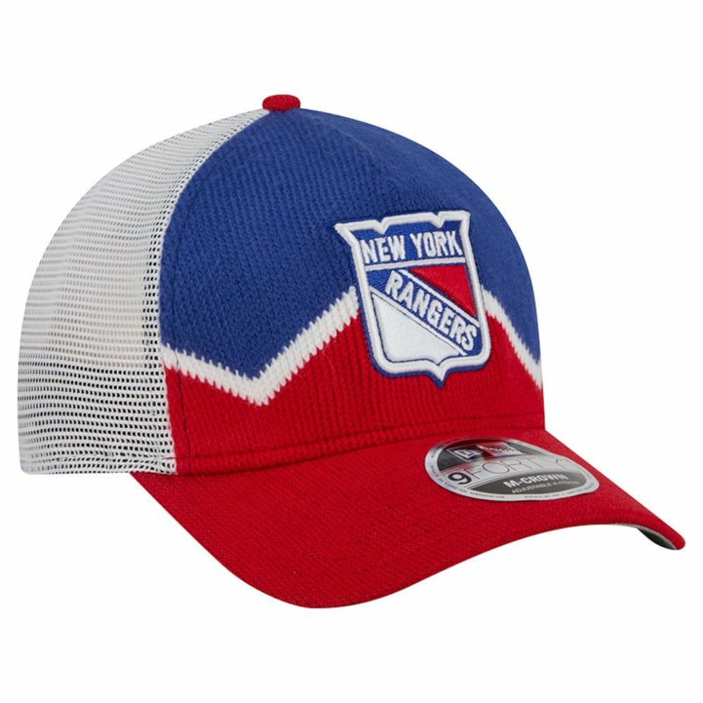 NHL New York Rangers New Era Hockey Sock 9FORTY A-Frame M-Crown Adjustable Trucker Hat - Red/Blue