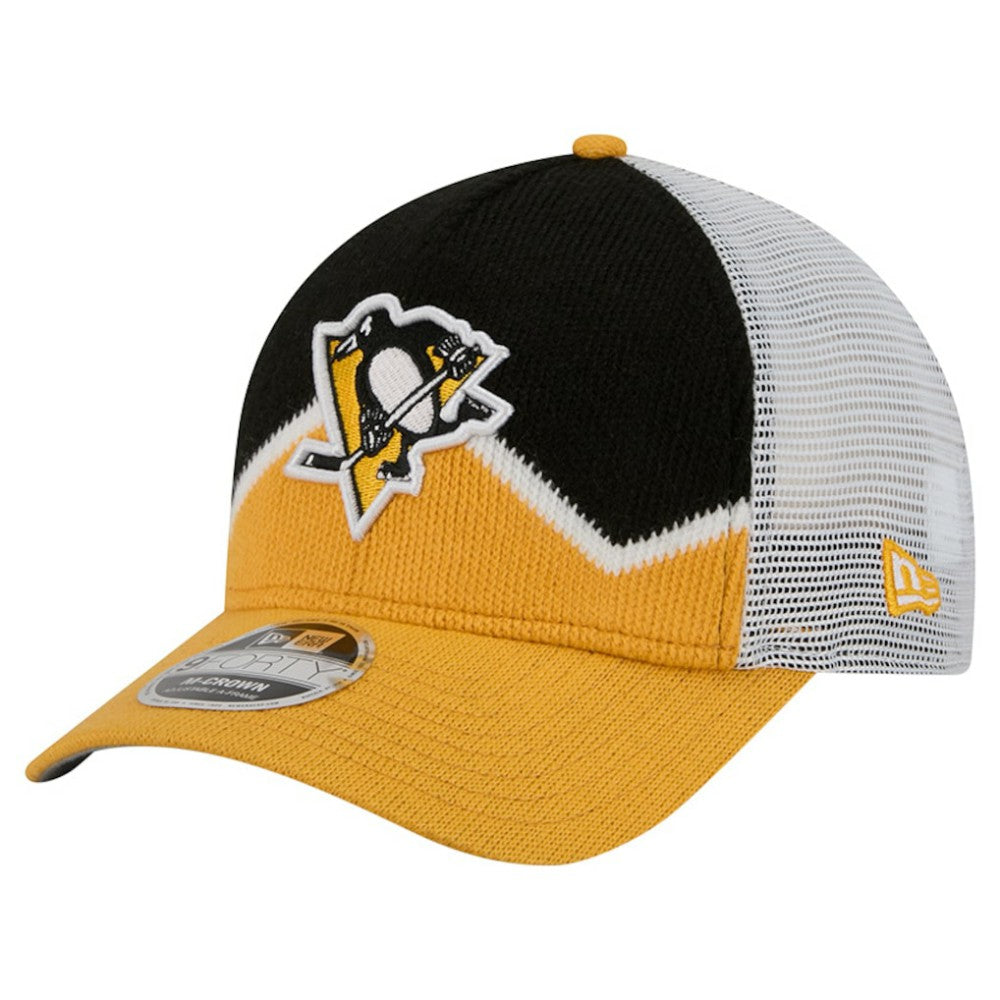 NHL Pittsburgh Penguins New Era Hockey Sock 9FORTY A-Frame M-Crown Adjustable Trucker Hat - Gold/Black