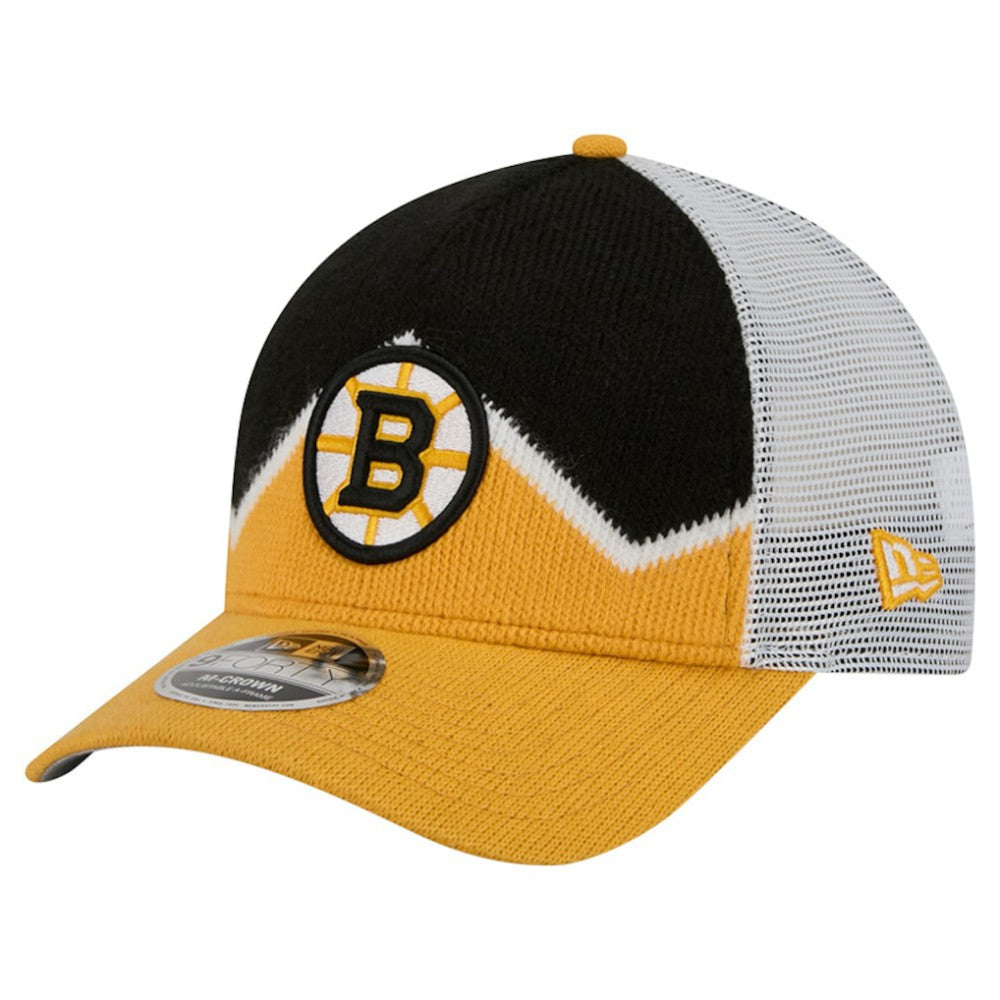 NHL Boston Bruins New Era Hockey Sock 9FORTY A-Frame M-Crown Adjustable Trucker Hat - Gold/Black