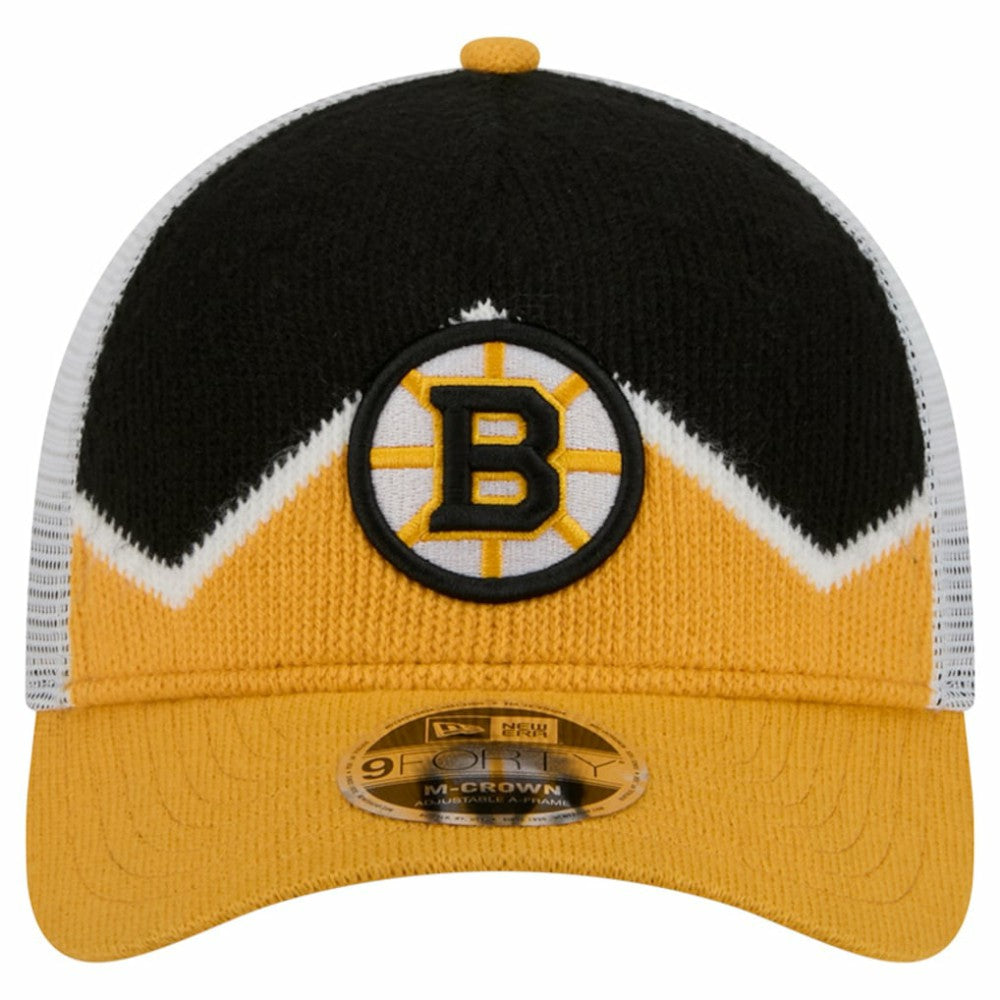 NHL Boston Bruins New Era Hockey Sock 9FORTY A-Frame M-Crown Adjustable Trucker Hat - Gold/Black