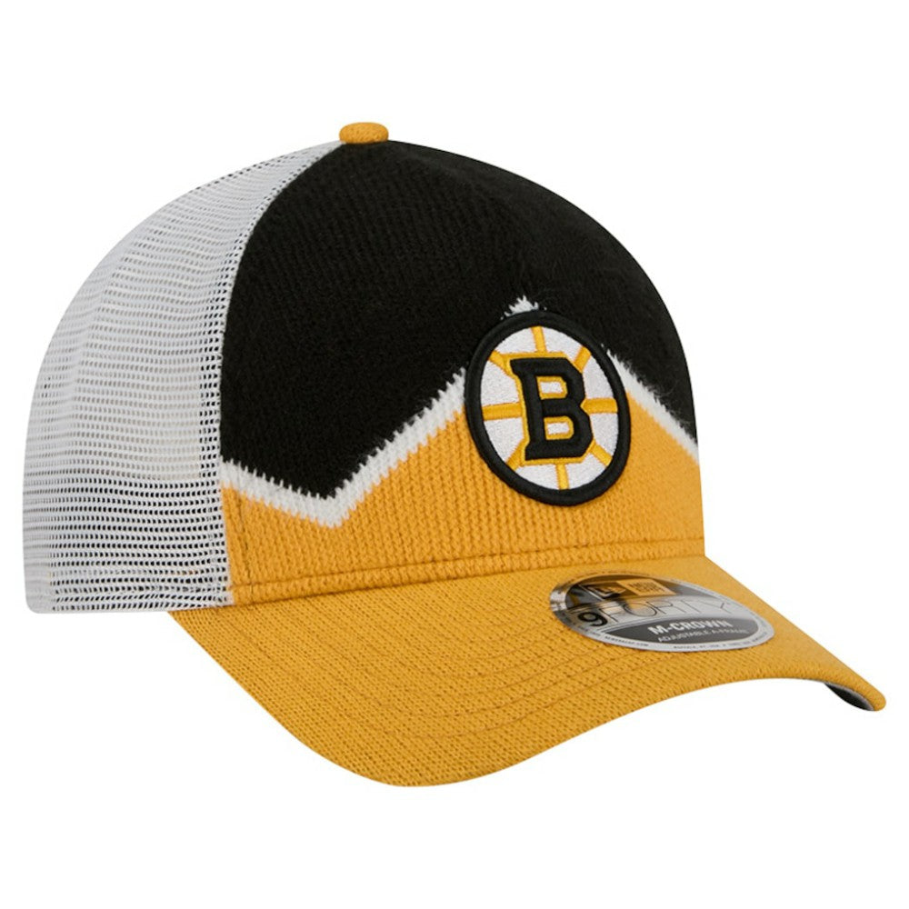 NHL Boston Bruins New Era Hockey Sock 9FORTY A-Frame M-Crown Adjustable Trucker Hat - Gold/Black
