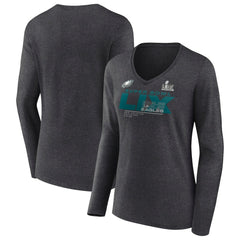 Philadelphia Eagles Women's Super Bowl LIX Quick Pass Long Sleeve V-Neck T-Shirt Heather Charcoal