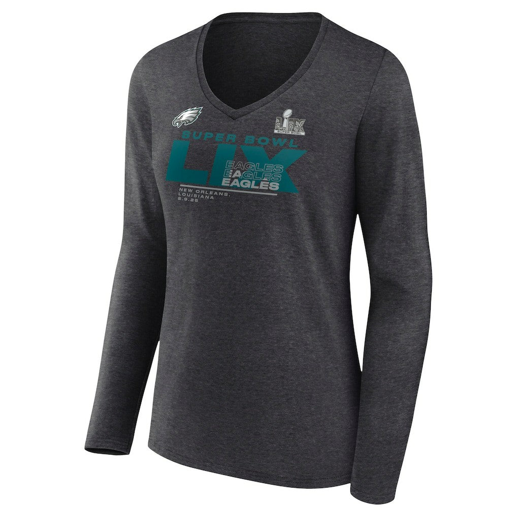 Philadelphia Eagles Women's Super Bowl LIX Quick Pass Long Sleeve V-Neck T-Shirt Heather Charcoal