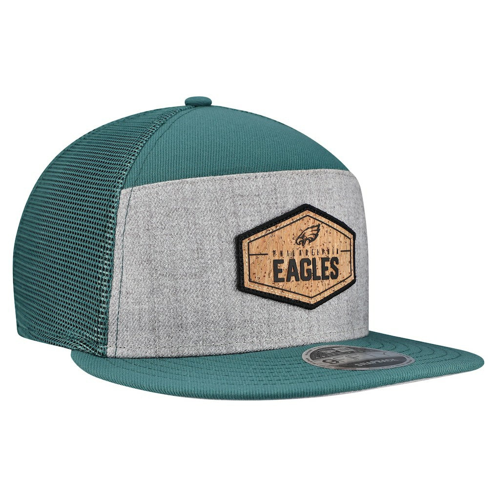 Philadelphia Eagles New Era Cork Split Panel 9FIFTY Trucker Snapback Hat Gray/Midnight Green