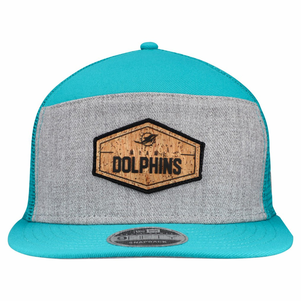 Miami Dolphins New Era Cork Split Panel 9FIFTY Trucker Snapback Hat Gray/Aqua