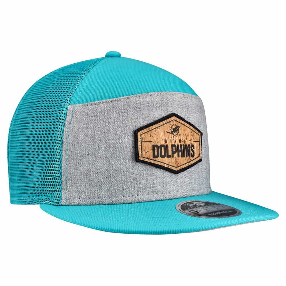 Miami Dolphins New Era Cork Split Panel 9FIFTY Trucker Snapback Hat Gray/Aqua