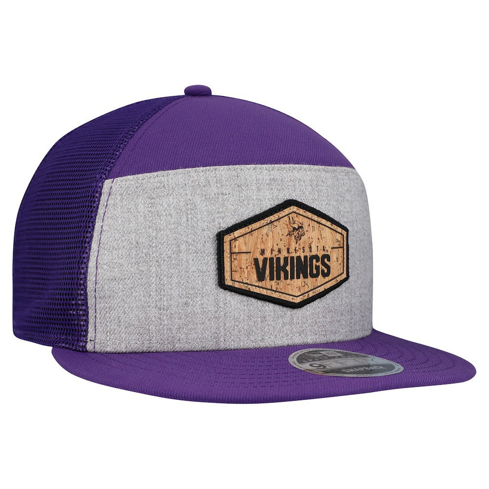 Minnesota Vikings New Era Cork Split Panel 9FIFTY Trucker Snapback Hat Gray/Purple