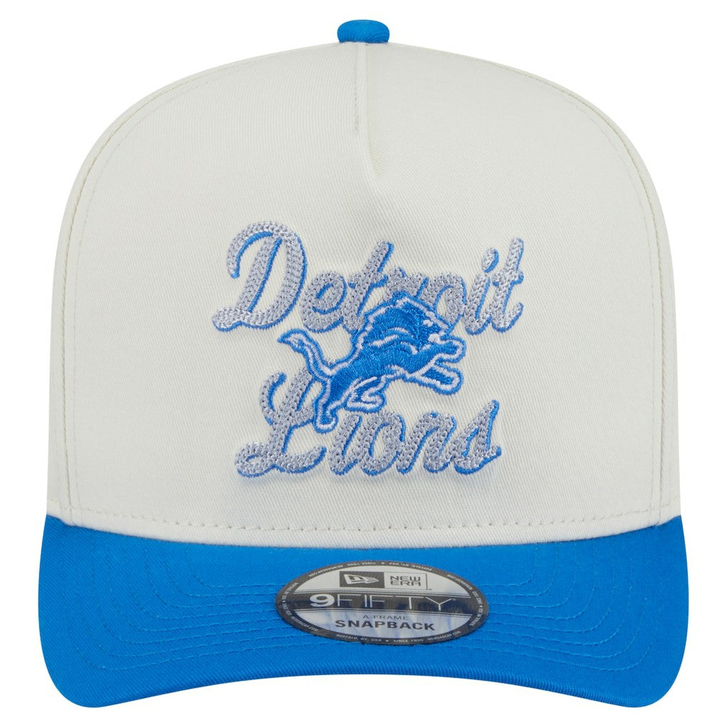 Detroit Lions New Era Chainstitch A-Frame 9FIFTY Adjustable Hat Cream/Blue